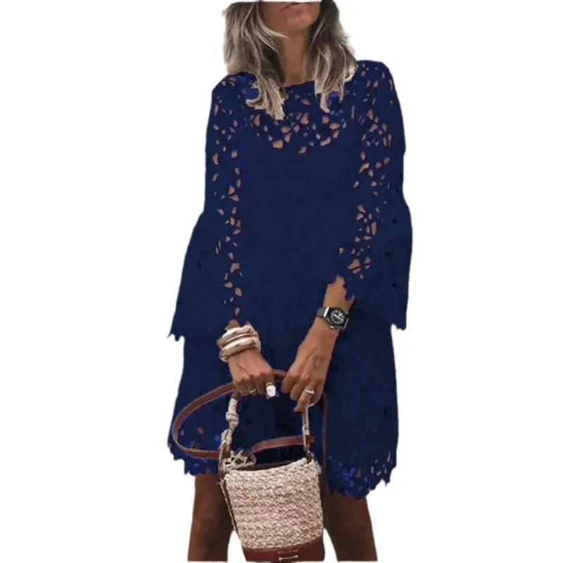 Autumn Women's Solid Color Dress Ethnic Style Sexy Lace Hollow Flower Temperament Elegant Casual Long Sleeved Knee Length Dress
