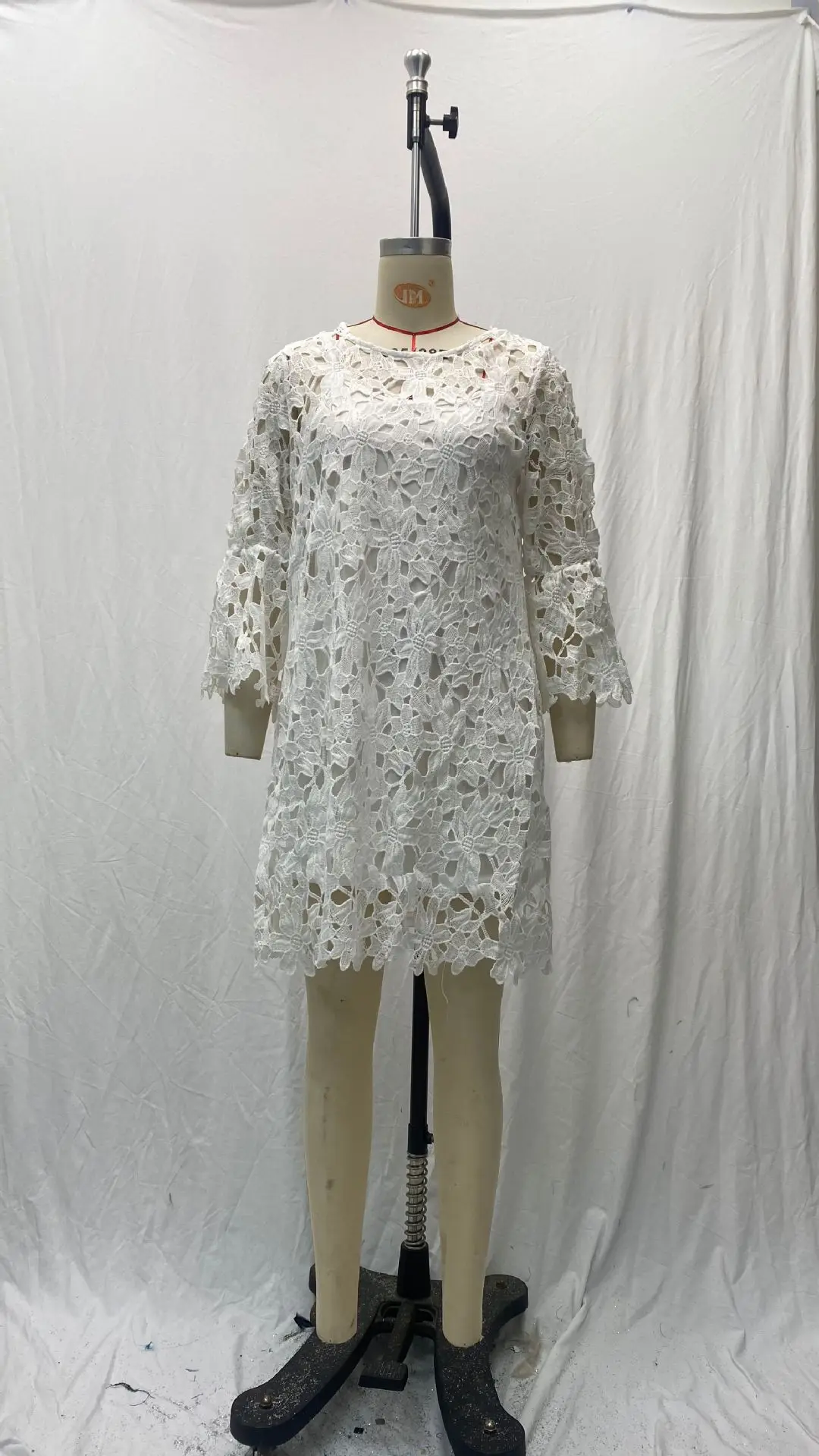 Autumn Women's Solid Color Dress Ethnic Style Sexy Lace Hollow Flower Temperament Elegant Casual Long Sleeved Knee Length Dress