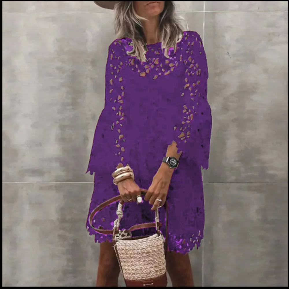 Autumn Women's Solid Color Dress Ethnic Style Sexy Lace Hollow Flower Temperament Elegant Casual Long Sleeved Knee Length Dress