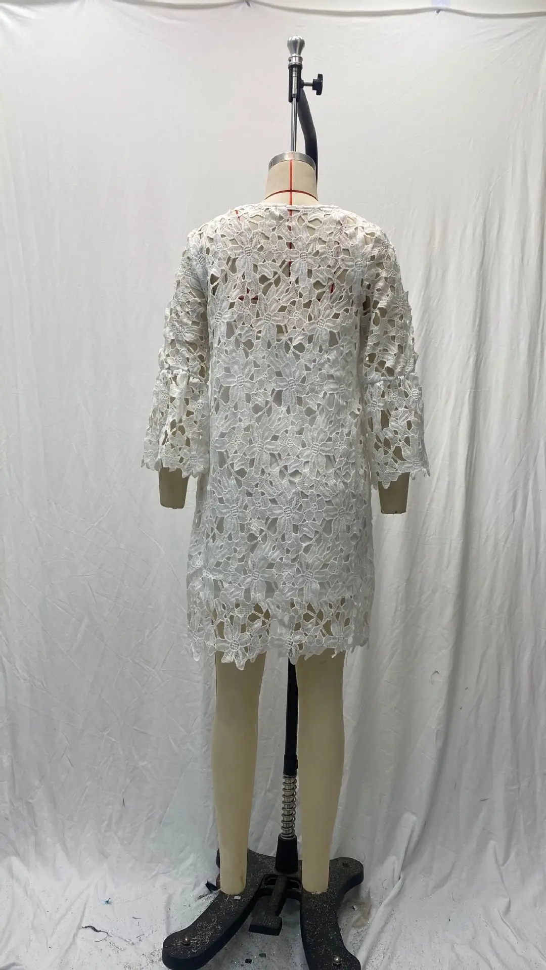 Autumn Women's Solid Color Dress Ethnic Style Sexy Lace Hollow Flower Temperament Elegant Casual Long Sleeved Knee Length Dress