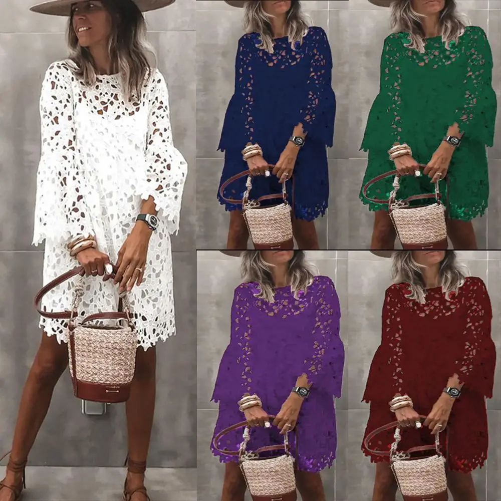 Autumn Women's Solid Color Dress Ethnic Style Sexy Lace Hollow Flower Temperament Elegant Casual Long Sleeved Knee Length Dress