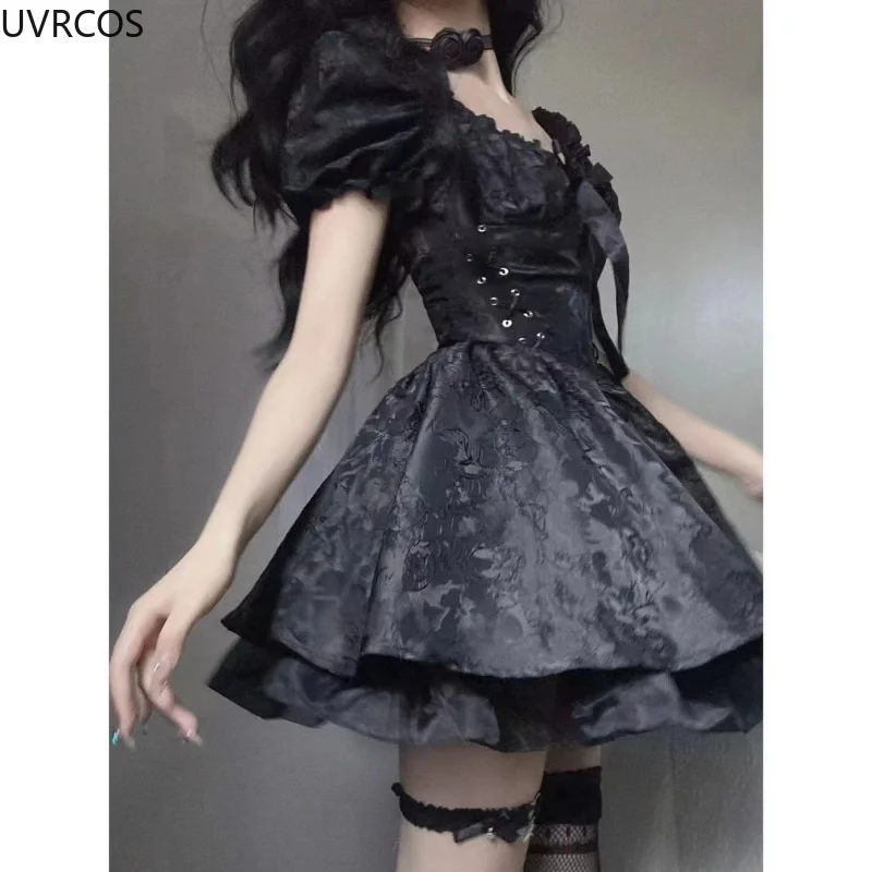 Japan Vintage Gothic Lolita Dress Women Black Square Puff Sleeve Jacquard Design Party Dresses Female A-line Cute Bow Mini Dress