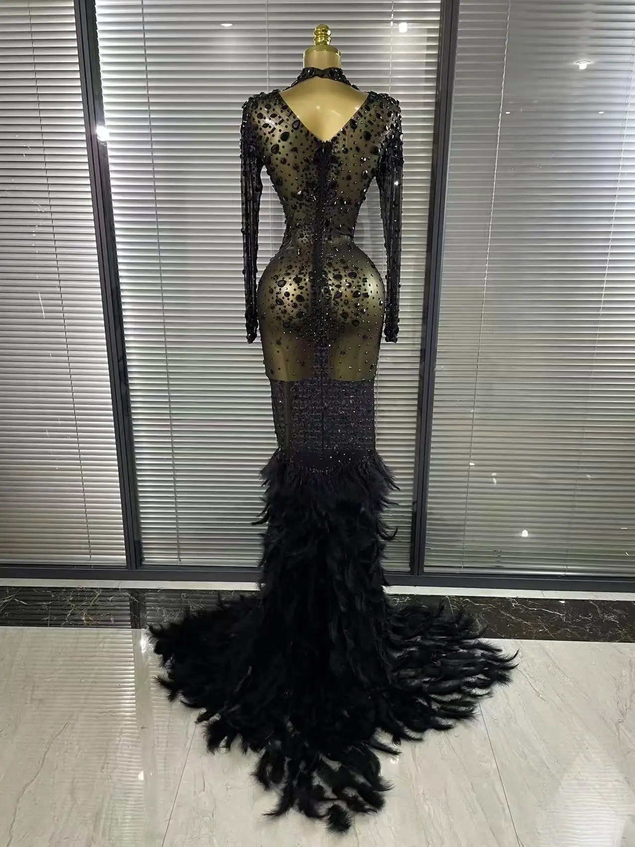 Black Red Women Long Sleeve Sexy Sparkly Crystal Mesh See Through Feathers Floor-length Mermaid Dress Evening Party Prom Outfit