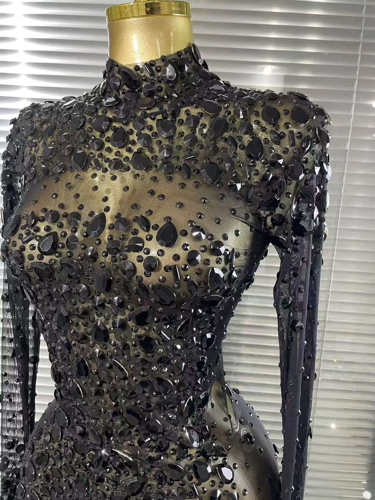 Black Red Women Long Sleeve Sexy Sparkly Crystal Mesh See Through Feathers Floor-length Mermaid Dress Evening Party Prom Outfit