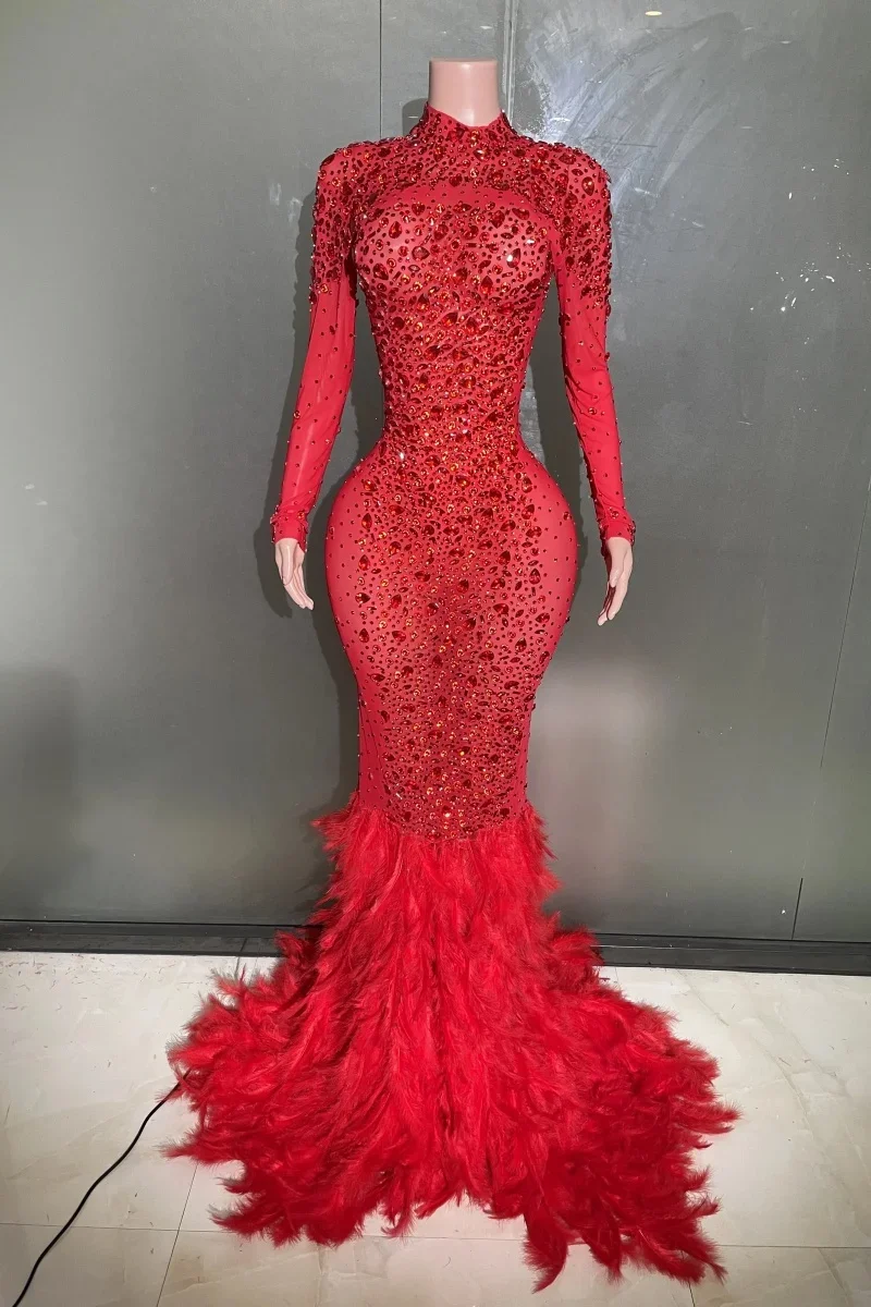 Black Red Women Long Sleeve Sexy Sparkly Crystal Mesh See Through Feathers Floor-length Mermaid Dress Evening Party Prom Outfit