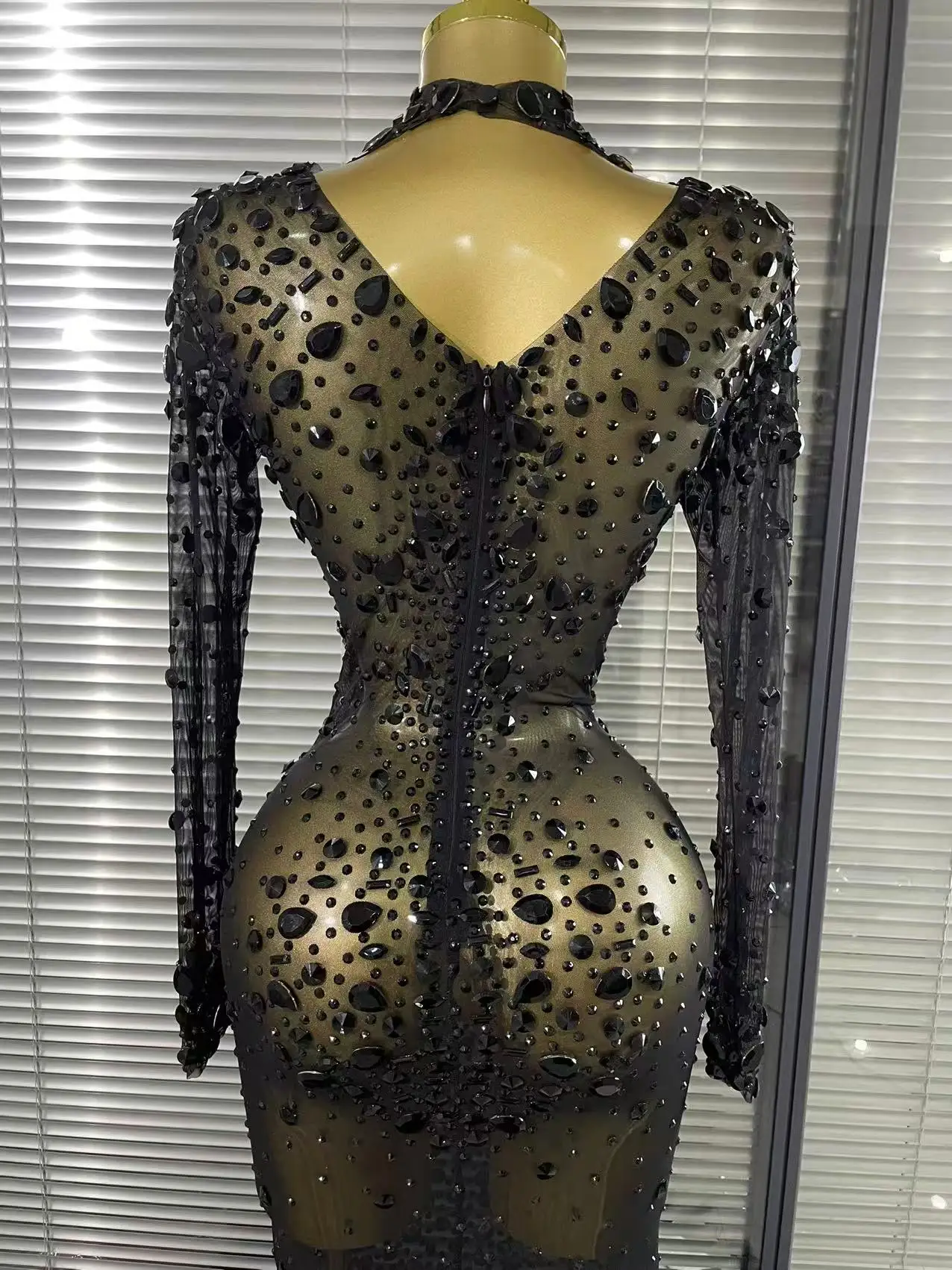 Black Red Women Long Sleeve Sexy Sparkly Crystal Mesh See Through Feathers Floor-length Mermaid Dress Evening Party Prom Outfit