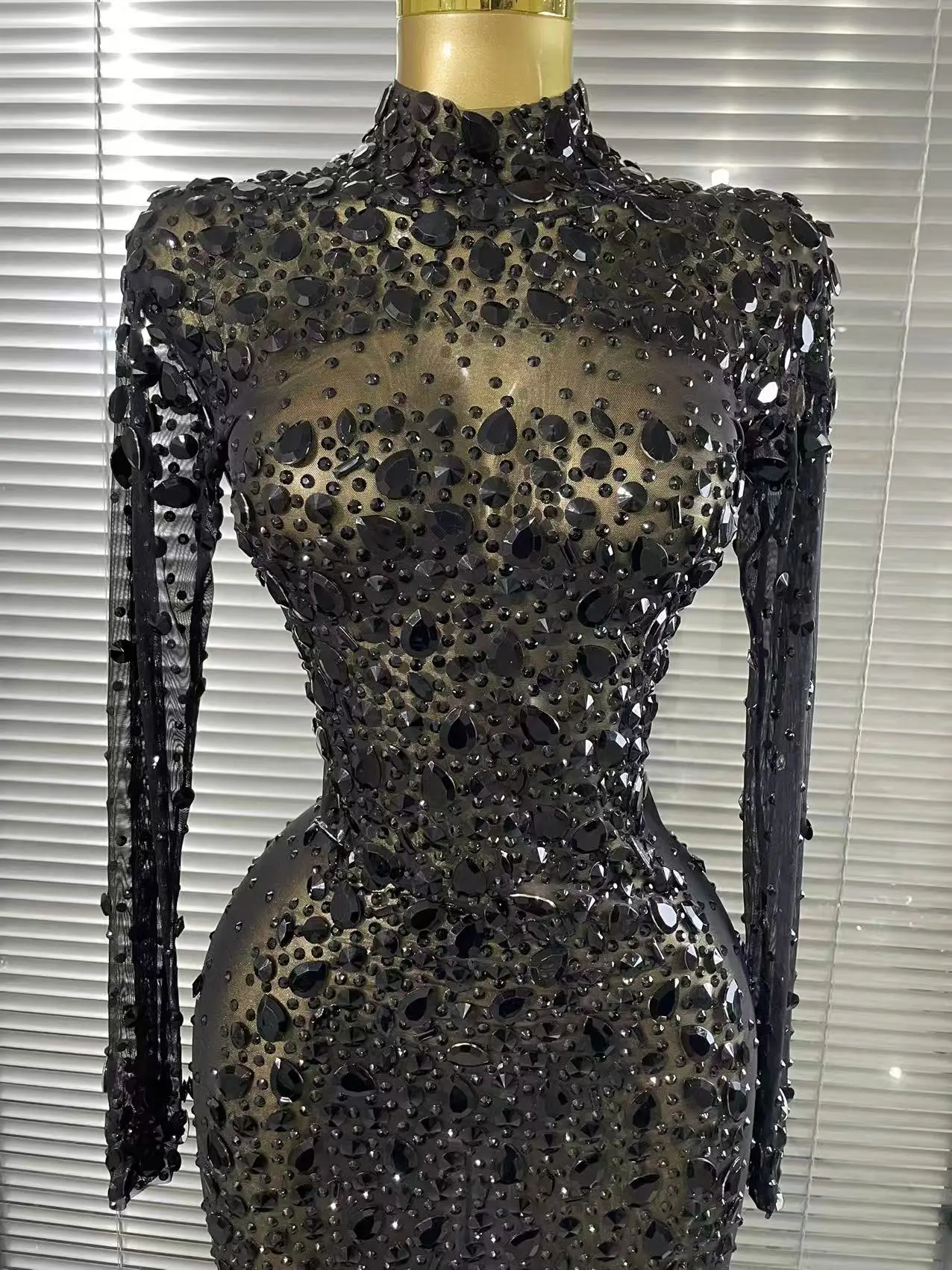 Black Red Women Long Sleeve Sexy Sparkly Crystal Mesh See Through Feathers Floor-length Mermaid Dress Evening Party Prom Outfit