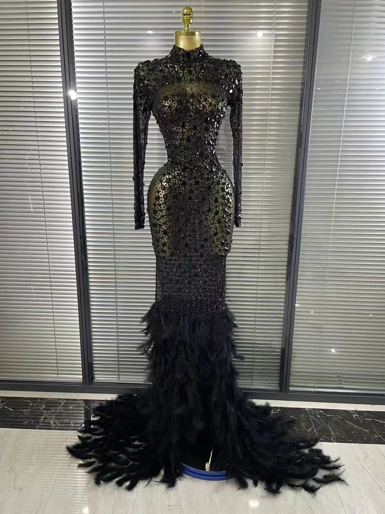 Black Red Women Long Sleeve Sexy Sparkly Crystal Mesh See Through Feathers Floor-length Mermaid Dress Evening Party Prom Outfit