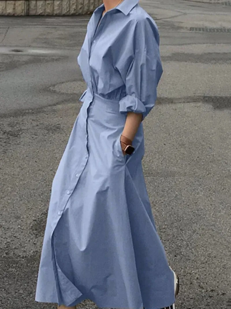 Modigirl Women Casual Long Shirts Dresses 2025 Summer Spring Clothes Khaki Puff Sleeves Botton Simple Maxi Dresses for Women