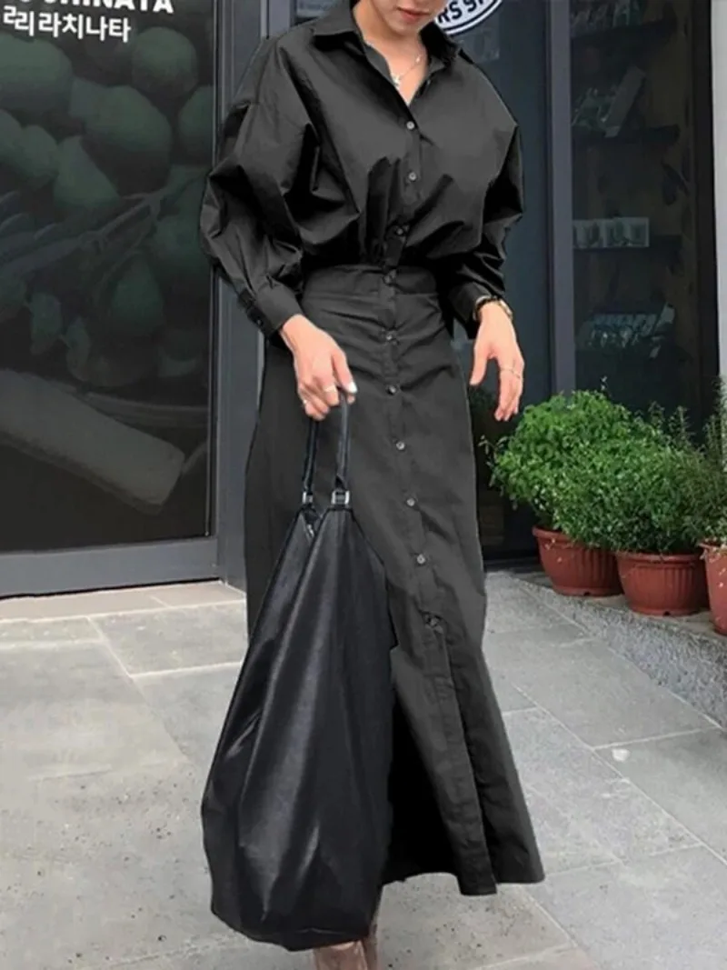Modigirl Women Casual Long Shirts Dresses 2025 Summer Spring Clothes Khaki Puff Sleeves Botton Simple Maxi Dresses for Women
