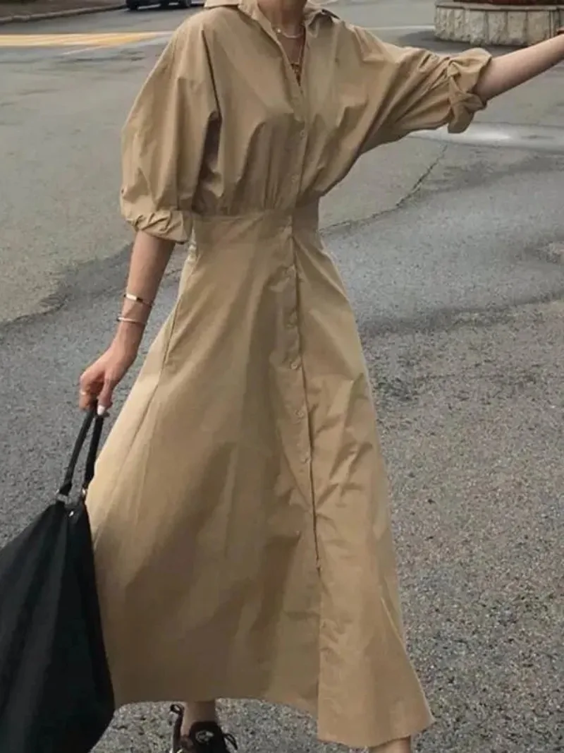 Modigirl Women Casual Long Shirts Dresses 2025 Summer Spring Clothes Khaki Puff Sleeves Botton Simple Maxi Dresses for Women