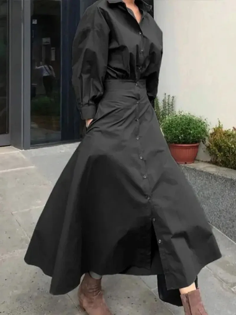 Modigirl Women Casual Long Shirts Dresses 2025 Summer Spring Clothes Khaki Puff Sleeves Botton Simple Maxi Dresses for Women