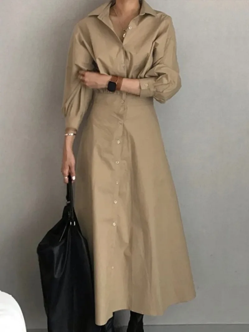 Modigirl Women Casual Long Shirts Dresses 2025 Summer Spring Clothes Khaki Puff Sleeves Botton Simple Maxi Dresses for Women