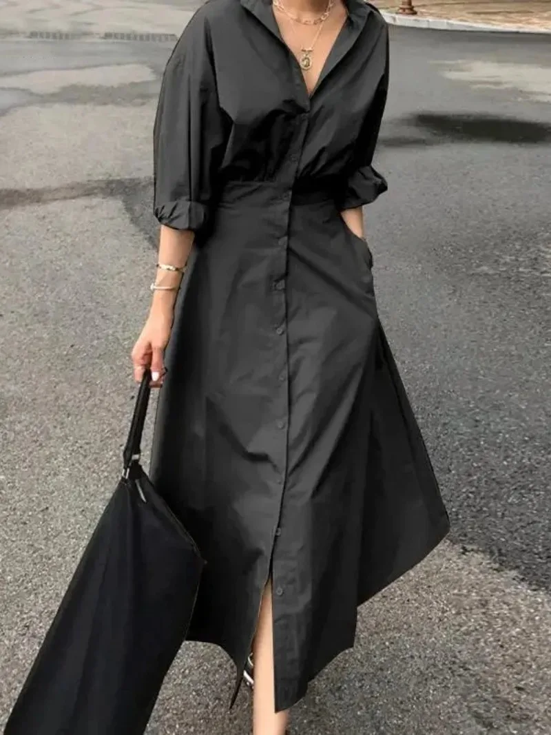 Modigirl Women Casual Long Shirts Dresses 2025 Summer Spring Clothes Khaki Puff Sleeves Botton Simple Maxi Dresses for Women