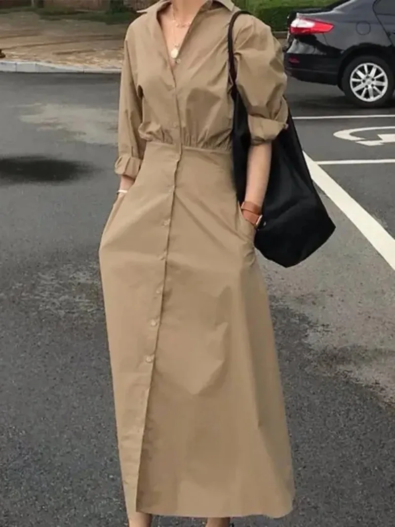 Modigirl Women Casual Long Shirts Dresses 2025 Summer Spring Clothes Khaki Puff Sleeves Botton Simple Maxi Dresses for Women