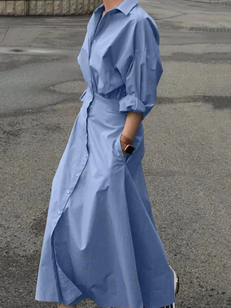 Modigirl Women Casual Long Shirts Dresses 2025 Summer Spring Clothes Khaki Puff Sleeves Botton Simple Maxi Dresses for Women