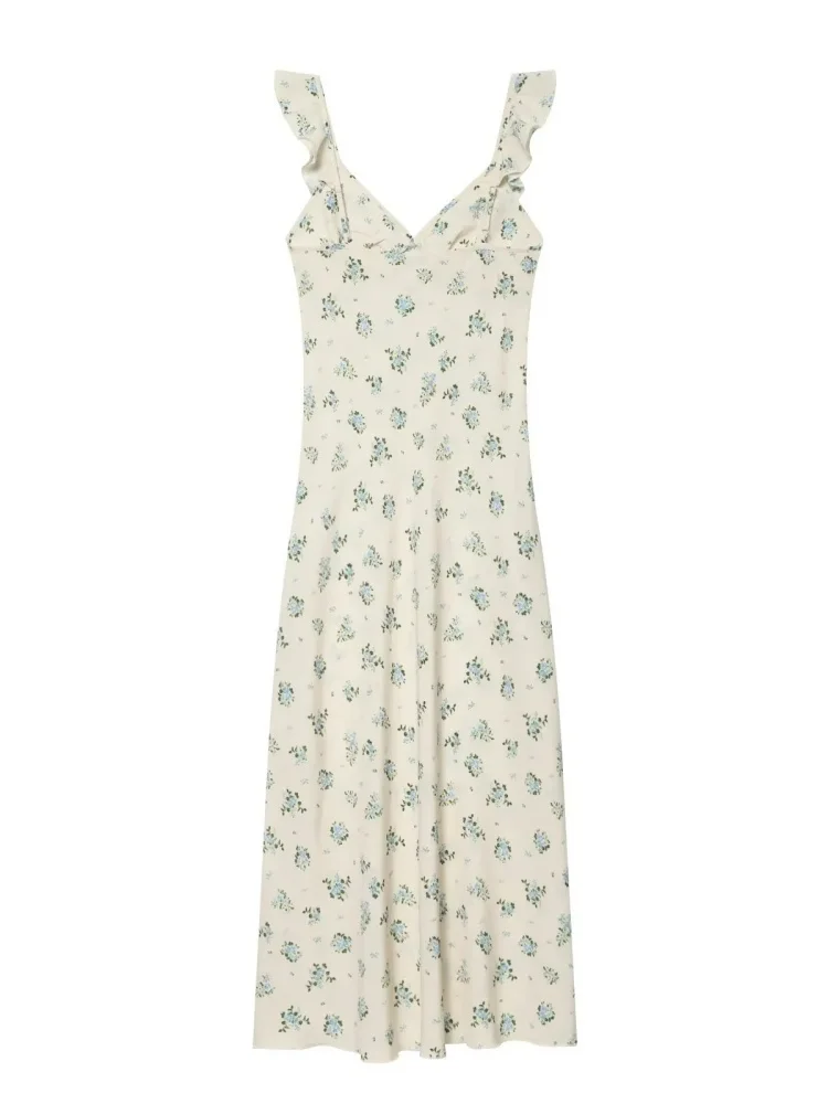 AACHOAE Women Floral Print Maxi Dress Ruffle Strap Sleeveless Summer Dress Vintage Boho Long Dress Elegant Beach Sundress