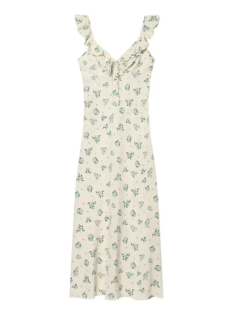 AACHOAE Women Floral Print Maxi Dress Ruffle Strap Sleeveless Summer Dress Vintage Boho Long Dress Elegant Beach Sundress