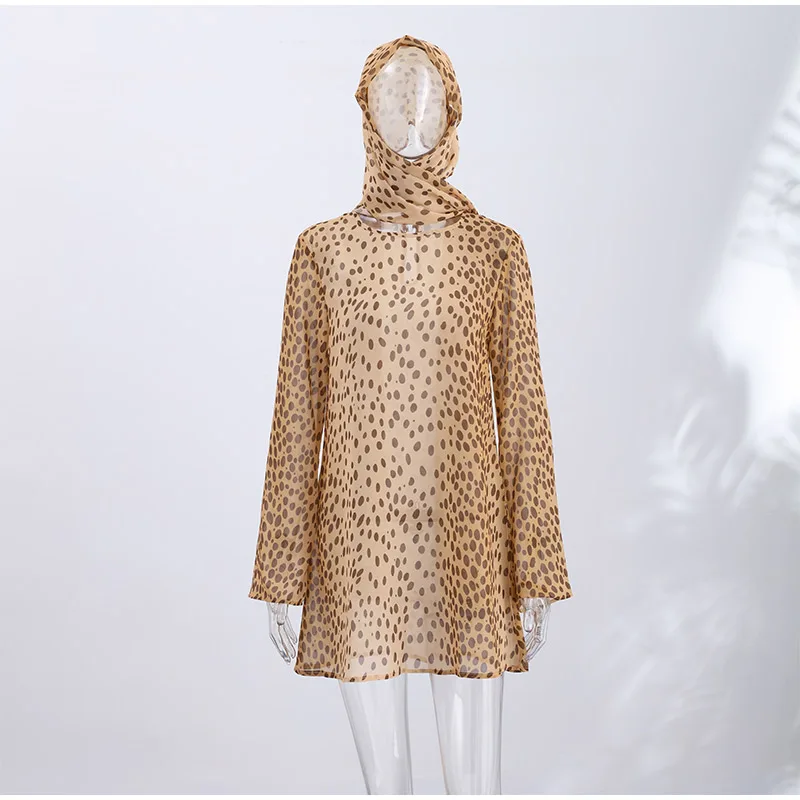 Sexy Leopard Printed Women Dress Long Sleeve See Through Hanging Neck Ribbon Lady Dresses 2026 Summer Autumn Chic Female Robe