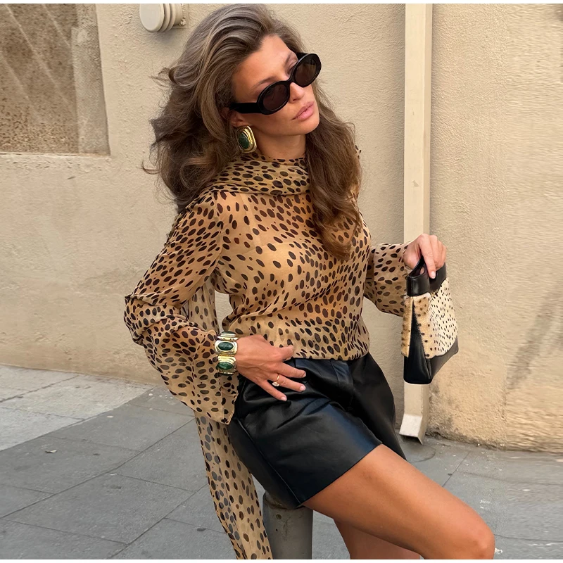 Sexy Leopard Printed Women Dress Long Sleeve See Through Hanging Neck Ribbon Lady Dresses 2026 Summer Autumn Chic Female Robe