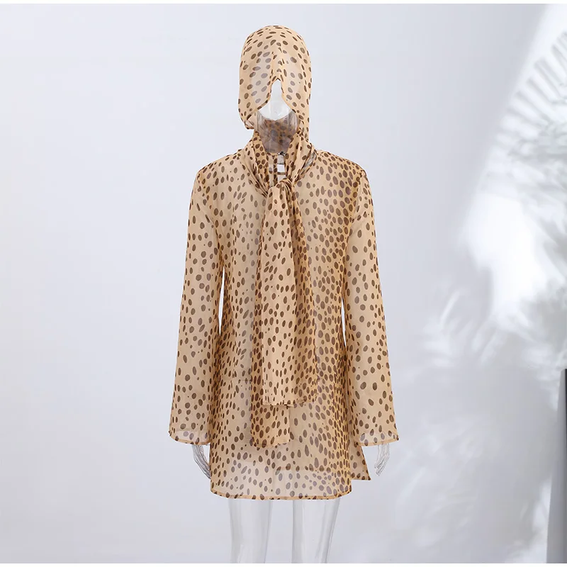 Sexy Leopard Printed Women Dress Long Sleeve See Through Hanging Neck Ribbon Lady Dresses 2026 Summer Autumn Chic Female Robe