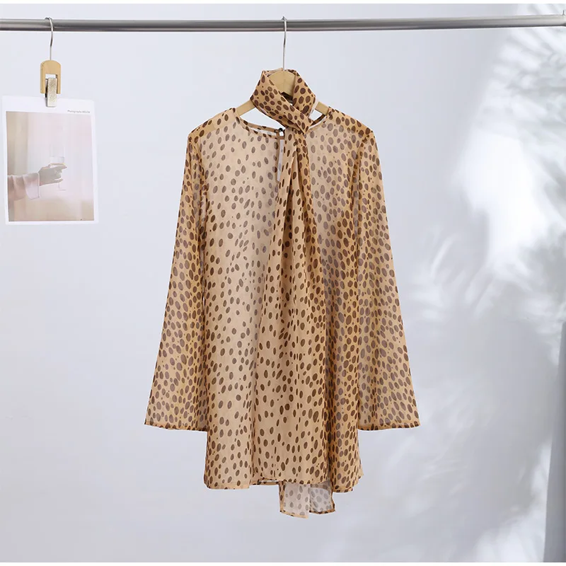 Sexy Leopard Printed Women Dress Long Sleeve See Through Hanging Neck Ribbon Lady Dresses 2026 Summer Autumn Chic Female Robe