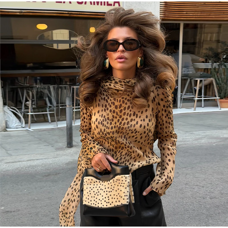Sexy Leopard Printed Women Dress Long Sleeve See Through Hanging Neck Ribbon Lady Dresses 2026 Summer Autumn Chic Female Robe