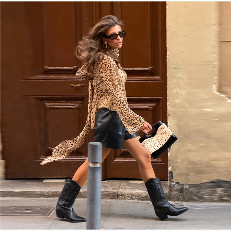 Sexy Leopard Printed Women Dress Long Sleeve See Through Hanging Neck Ribbon Lady Dresses 2026 Summer Autumn Chic Female Robe
