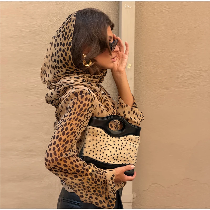 Sexy Leopard Printed Women Dress Long Sleeve See Through Hanging Neck Ribbon Lady Dresses 2026 Summer Autumn Chic Female Robe