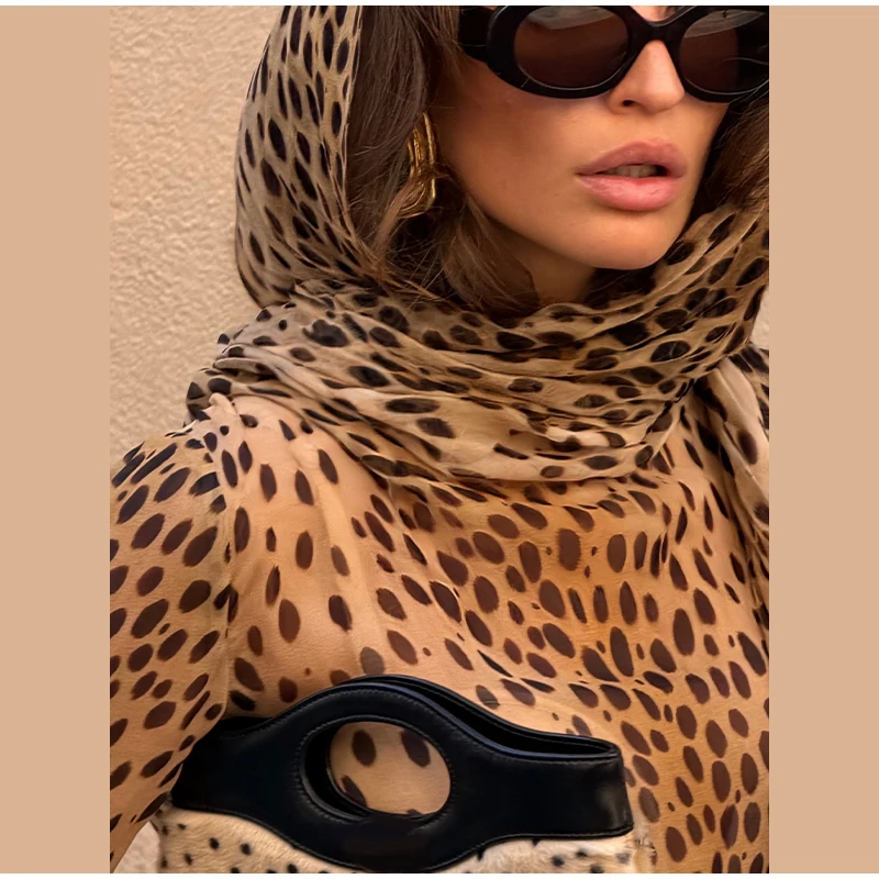 Sexy Leopard Printed Women Dress Long Sleeve See Through Hanging Neck Ribbon Lady Dresses 2026 Summer Autumn Chic Female Robe