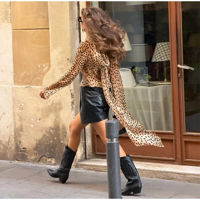 Sexy Leopard Printed Women Dress Long Sleeve See Through Hanging Neck Ribbon Lady Dresses 2026 Summer Autumn Chic Female Robe