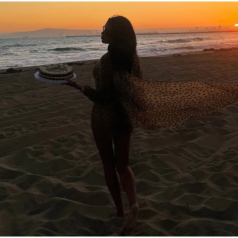 Sexy Leopard Printed Women Dress Long Sleeve See Through Hanging Neck Ribbon Lady Dresses 2026 Summer Autumn Chic Female Robe