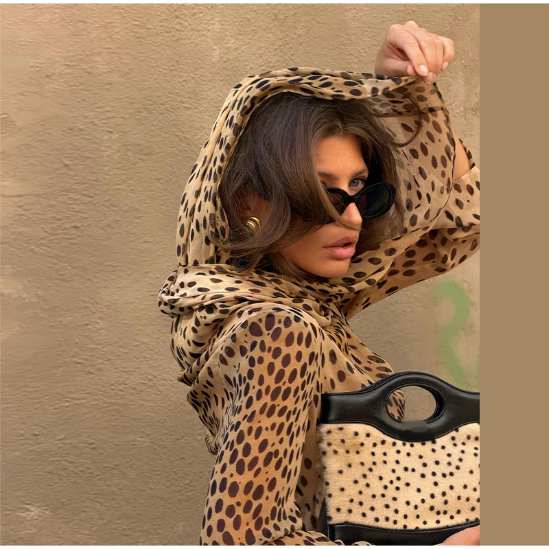 Sexy Leopard Printed Women Dress Long Sleeve See Through Hanging Neck Ribbon Lady Dresses 2026 Summer Autumn Chic Female Robe