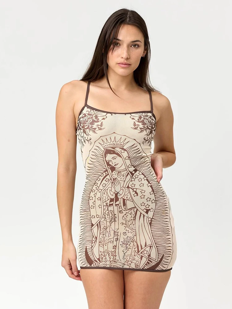 Whatiwear Chic Dress Women Elasticity Art Print Low-Neck See Through Skinny Sexy Midnight Summer New Trend Hottie Mini Bodycon