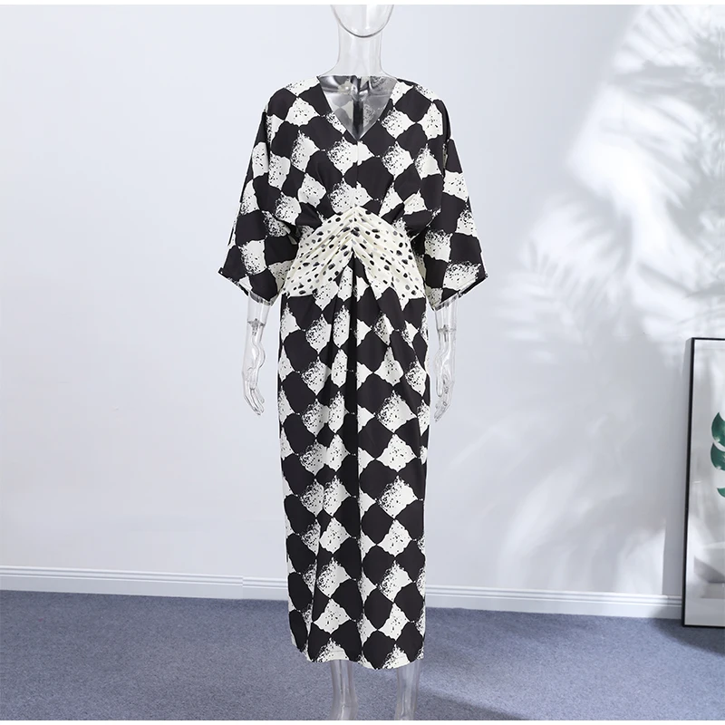 V-Neck Loose Waist Cinched Long Dress Woman Contrasting Colors Short Sleeve Pleated Maxi Dresses Chic Vacation Women's New Dress