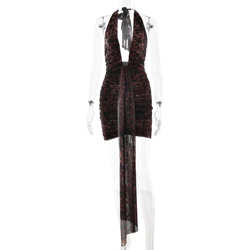 Avrilyaan Leopard Print Halter Pleated Ribbon Dress Women Mini 2025 Summer Dress Deep V Backless Sexy Party Dresses Vestidos