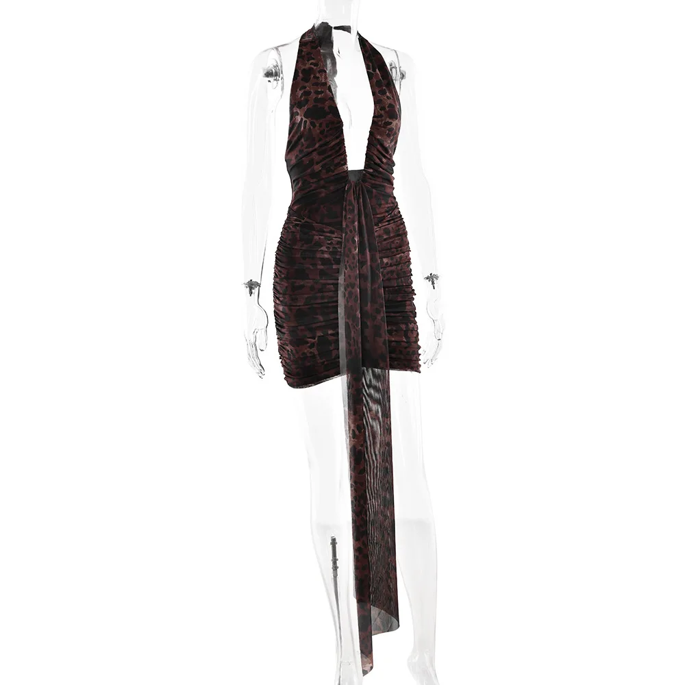 Avrilyaan Leopard Print Halter Pleated Ribbon Dress Women Mini 2025 Summer Dress Deep V Backless Sexy Party Dresses Vestidos