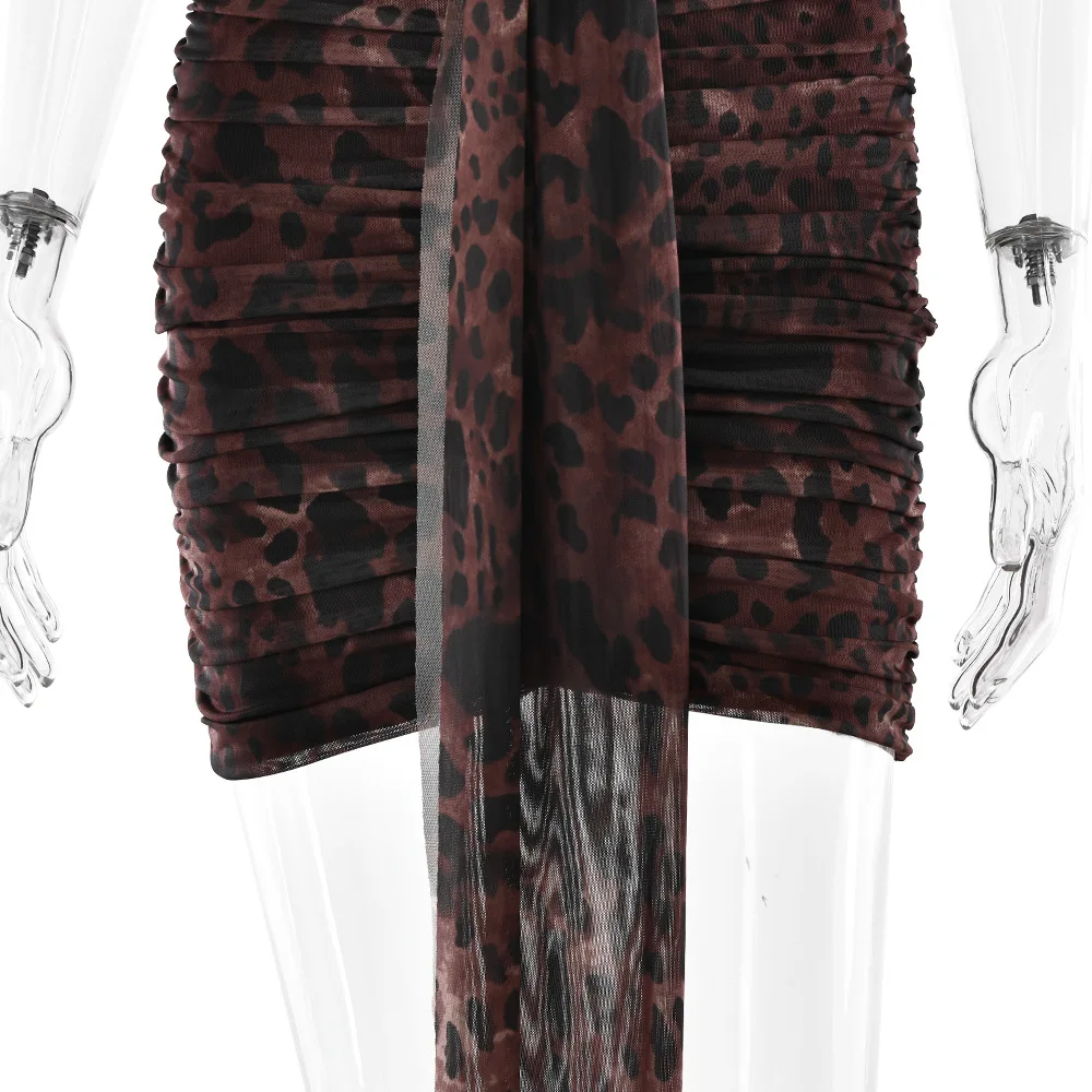 Avrilyaan Leopard Print Halter Pleated Ribbon Dress Women Mini 2025 Summer Dress Deep V Backless Sexy Party Dresses Vestidos