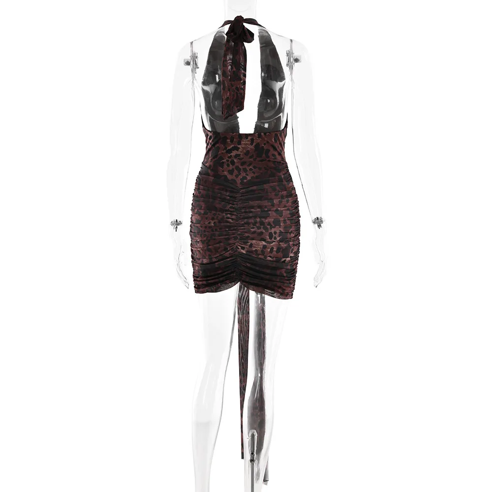 Avrilyaan Leopard Print Halter Pleated Ribbon Dress Women Mini 2025 Summer Dress Deep V Backless Sexy Party Dresses Vestidos