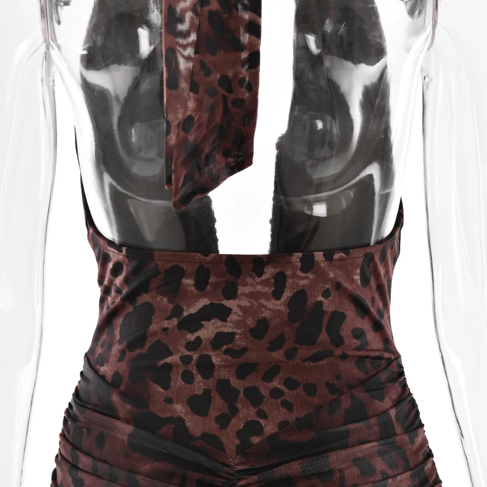 Avrilyaan Leopard Print Halter Pleated Ribbon Dress Women Mini 2025 Summer Dress Deep V Backless Sexy Party Dresses Vestidos