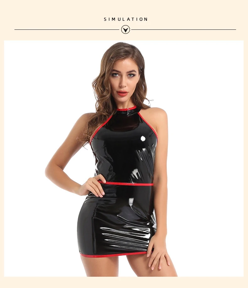 Halter Sleeveless Wet Look PVC Vestido Shiny PU Leather Hot Dress Tights Package Hip Minifalda Sexy Sundress Miniskirt Dresses