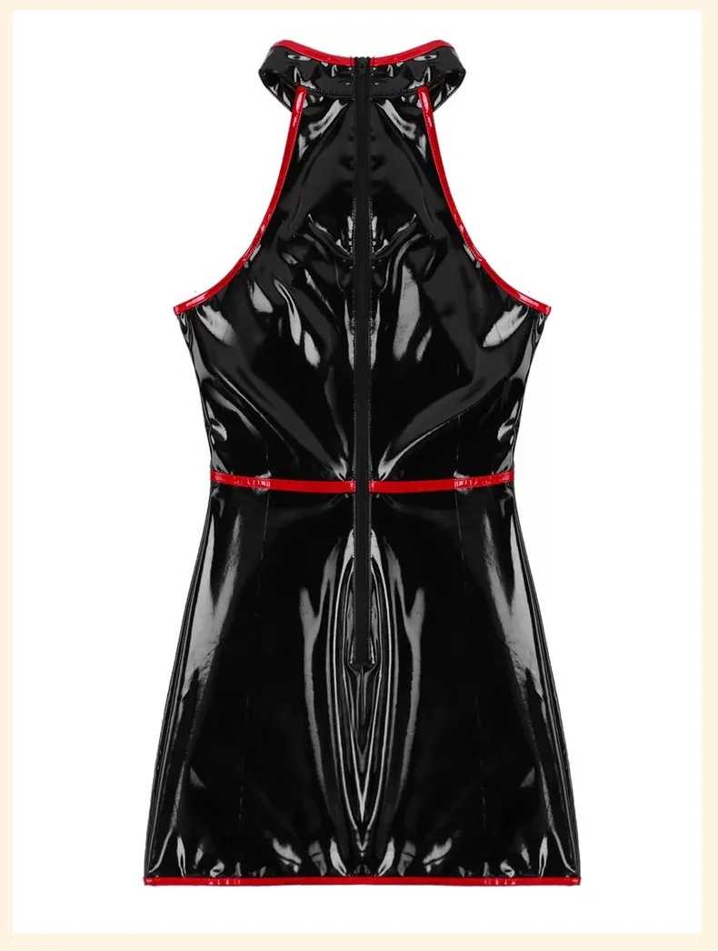Halter Sleeveless Wet Look PVC Vestido Shiny PU Leather Hot Dress Tights Package Hip Minifalda Sexy Sundress Miniskirt Dresses
