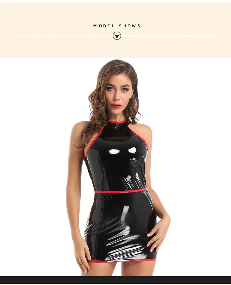 Halter Sleeveless Wet Look PVC Vestido Shiny PU Leather Hot Dress Tights Package Hip Minifalda Sexy Sundress Miniskirt Dresses