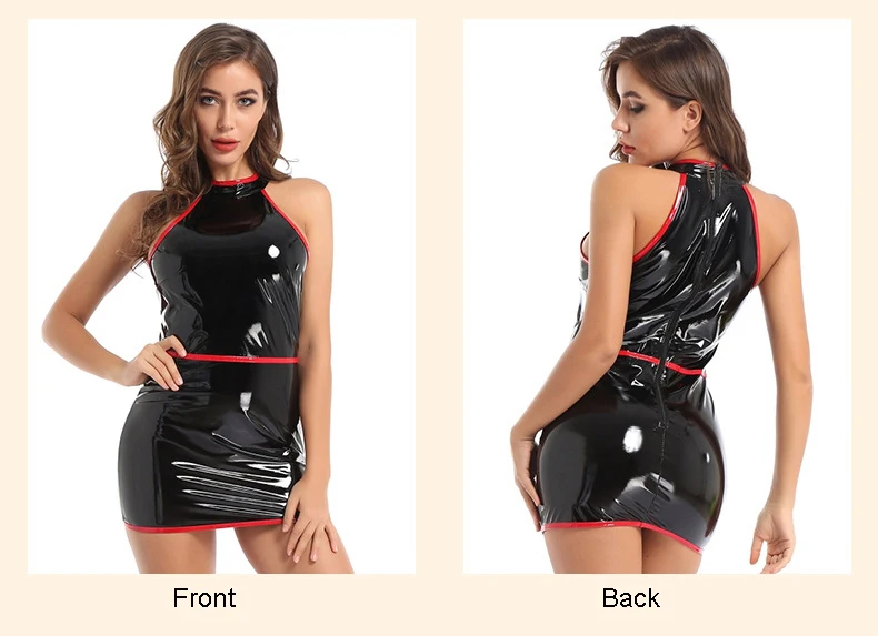 Halter Sleeveless Wet Look PVC Vestido Shiny PU Leather Hot Dress Tights Package Hip Minifalda Sexy Sundress Miniskirt Dresses