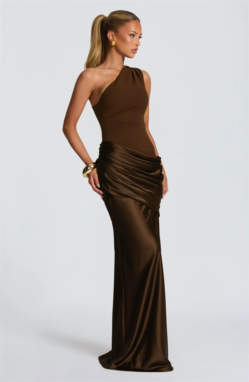 Mozision One Shoulder Backless Sexy Maxi Dress Women Gown Elegant Patchwork Skew Collar Sleeveless Bodycon Club Party Long Dress