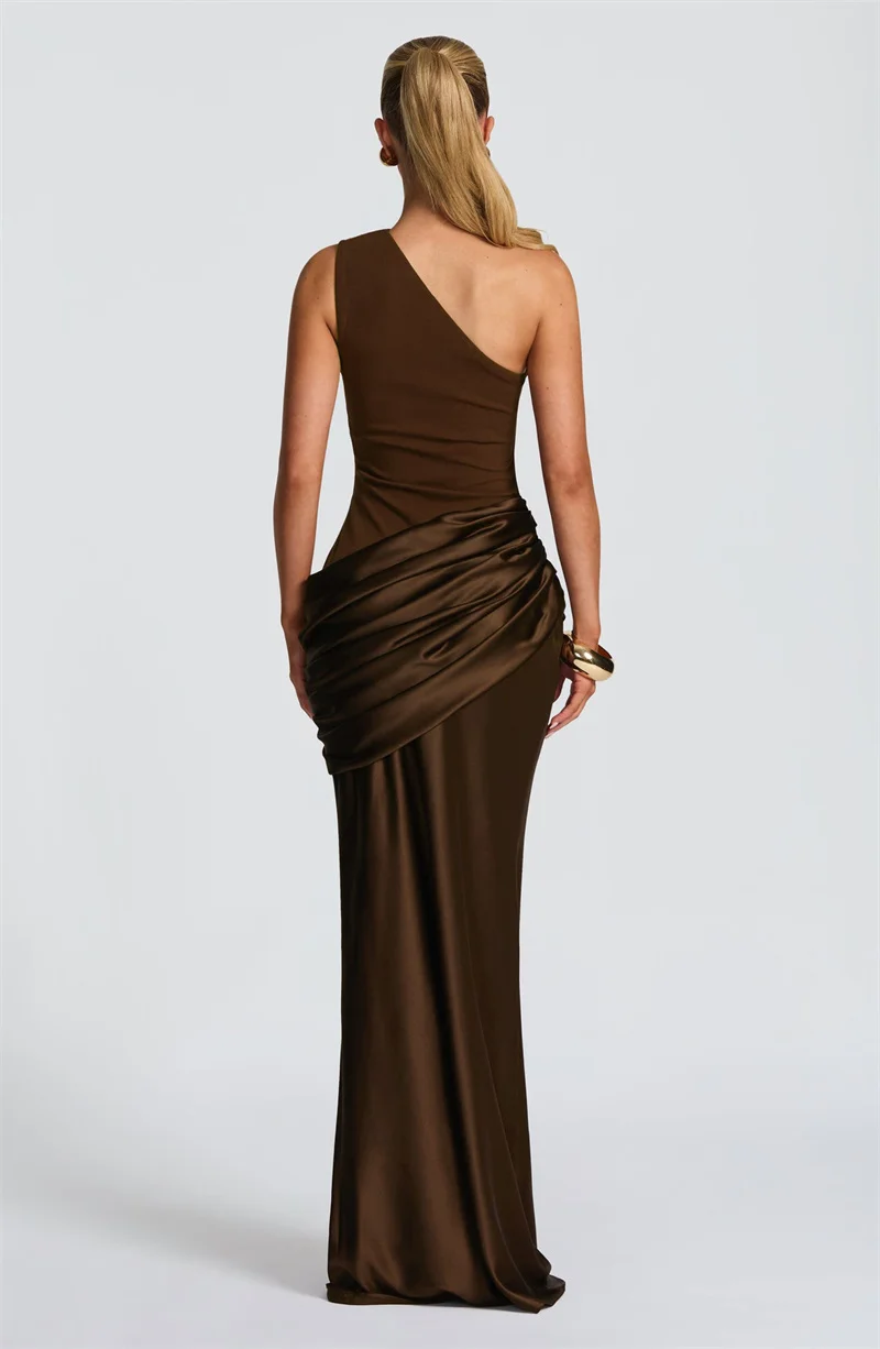 Mozision One Shoulder Backless Sexy Maxi Dress Women Gown Elegant Patchwork Skew Collar Sleeveless Bodycon Club Party Long Dress