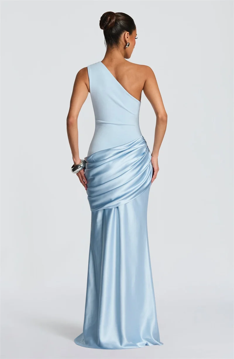 Mozision One Shoulder Backless Sexy Maxi Dress Women Gown Elegant Patchwork Skew Collar Sleeveless Bodycon Club Party Long Dress