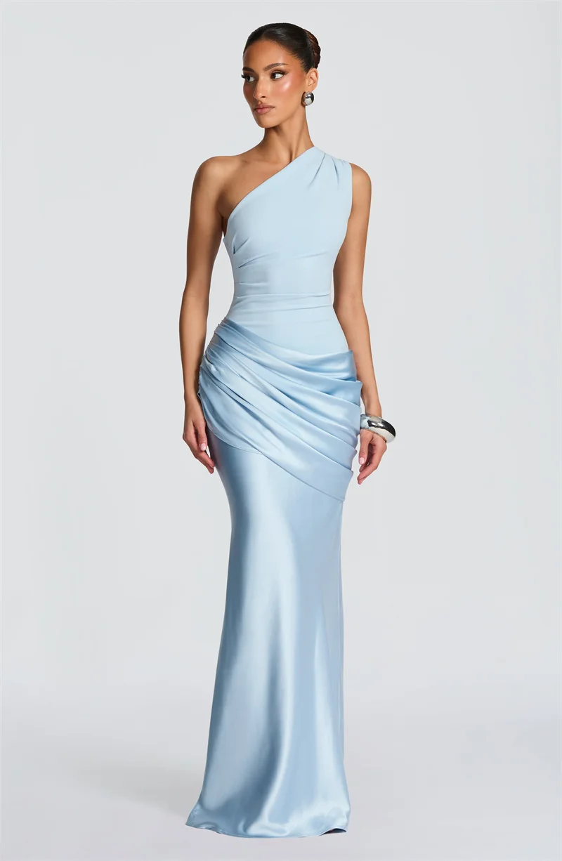 Mozision One Shoulder Backless Sexy Maxi Dress Women Gown Elegant Patchwork Skew Collar Sleeveless Bodycon Club Party Long Dress