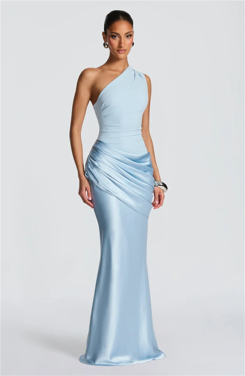 Mozision One Shoulder Backless Sexy Maxi Dress Women Gown Elegant Patchwork Skew Collar Sleeveless Bodycon Club Party Long Dress
