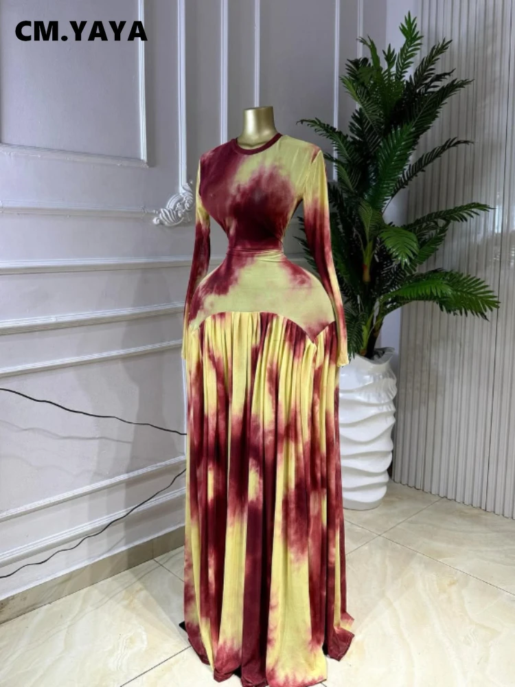 CM.YAYA Women Tie Dye Print O-neck Long Sleeve Pleated Long Dress 2026 Sexy Mesh Evening Party Birthday Vacation Dresses Vestido